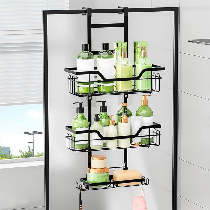 Etagere Douche à Suspendre Rangement Douche sans Percage aver 3 pcs Réglable Panier à Suspendre Noir