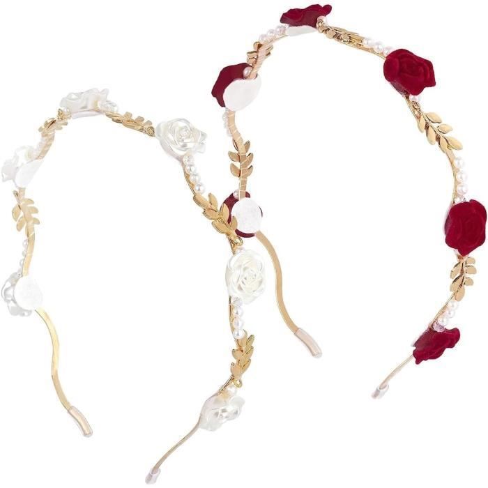 2 Pièces Bandeau RoseRouge Blanc Rose Bandeau à PerlesCouronne de Fleurs pour Cheveux Serre Tete FleurAccessoires pour Heerico