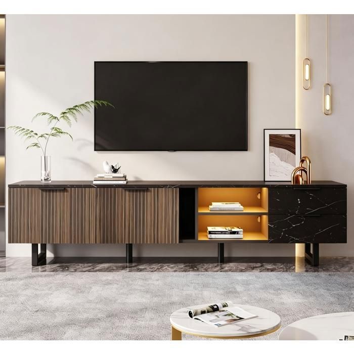 Meuble TV de 200 cm avec éclairage LED aspect marbre noir grain de bois foncé 2 portes 2 tiroirs Meuble Télé 200x38x50cm