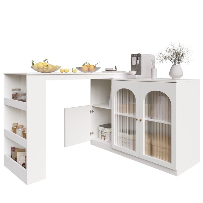 Meuble de bar blanc 120 x 40 x 97 cm rotation à 360° rangement multifonction avec porte en verre