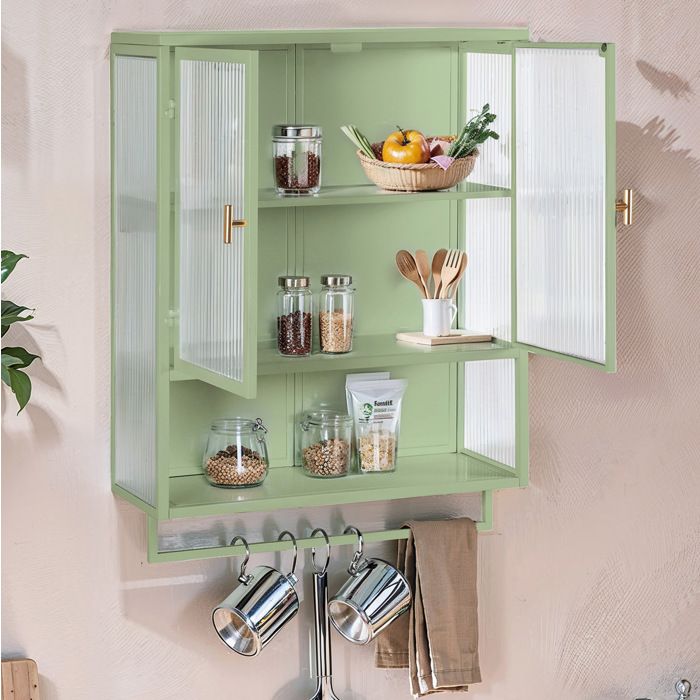 Armoire Murale 2 Portes en Verre Strié Étagère Ouverte et Porte-serviettes - YEAVIO - Métal Vert 60×23×78 cm