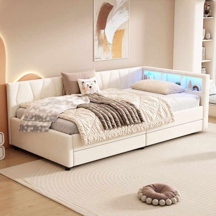Méridienne Canapé-Lit 90x200cm-2 Tiroirs LED USB-C-Lin Beige-Rangement-Salon Moderne-sans Matelas
