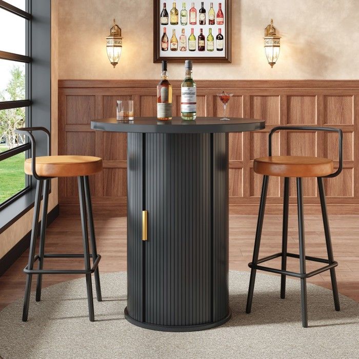 Ensemble Table De Bar Ronde 60x60x91.6cm + 2 Tabourets 45.5x45.5x90.5cm MDF Aspect Bois noir rangement intérieur Salon Ensemble Table De Bar Ronde 60x60x91.6cm + 2 Tabourets 45.5x45.5x90.5cm MDF Aspect Bois noir rangement intérieur Salon
