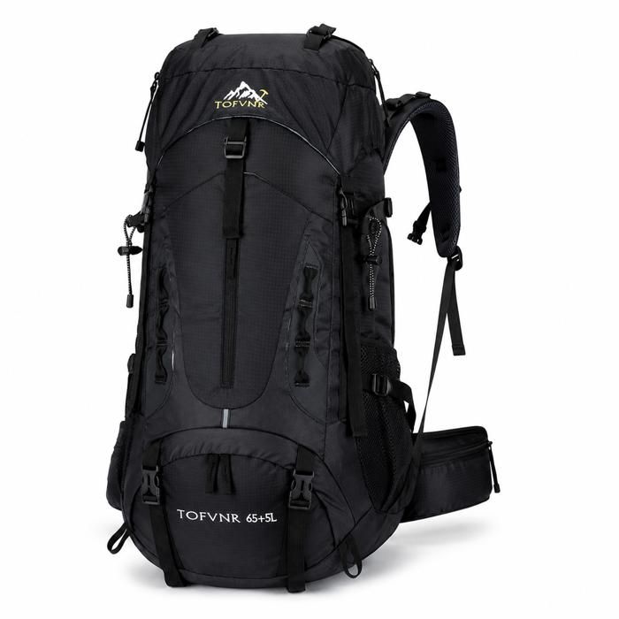 Sac de randonnee 65L + 5L grande capacite impermeable trekking camping voyage deux bretelles respirant épargnant les épaules noir