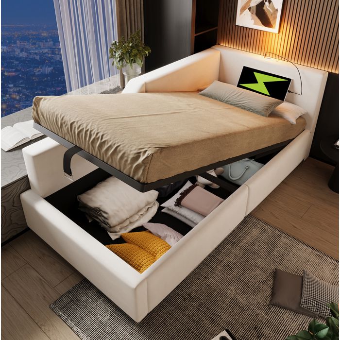 Lit banquette 90x190 cm avec coffre hydraulique lampe de lecture USB-C et velours beige