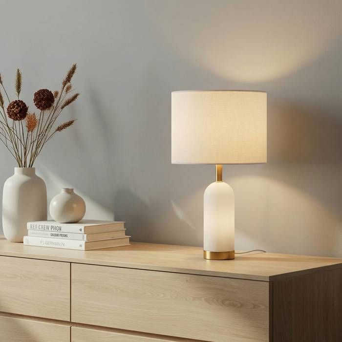 Lampe à poser - Lindby - lampe de chevet - Tissu textile Marbre - blanc gris Lampe à poser - Lindby - lampe de chevet - Tissu textile Marbre - blanc gris