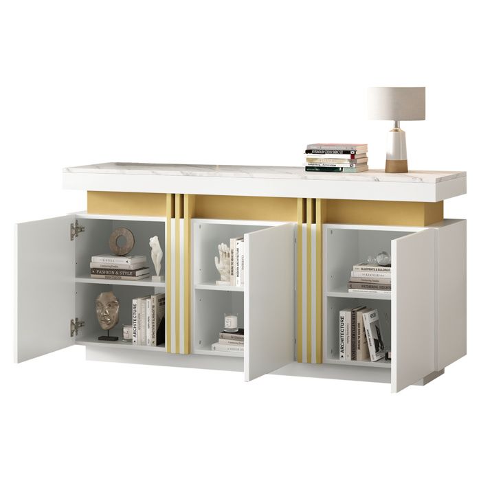 Buffet bas moderne blanc effet marbre 3 portes 140 cm avec étagères réglables