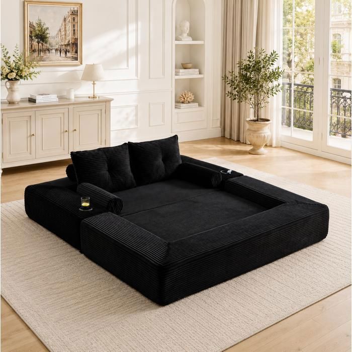 MEULVA Canapé convertible 2 places en velours côtelé noir avec porte-gobelet mousse densité 30 mémoire de forme