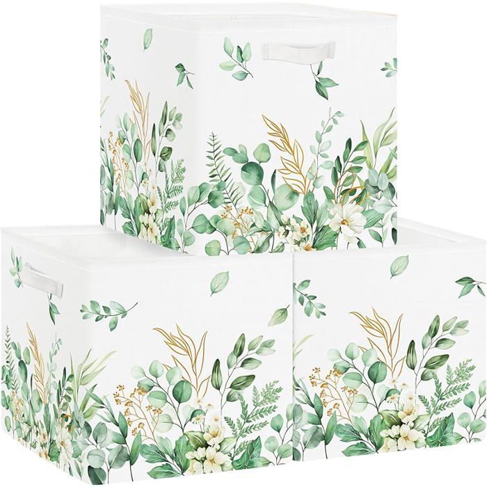 Lot3 boîtes rangement tissu30x30x30cm vert pliable salle bain