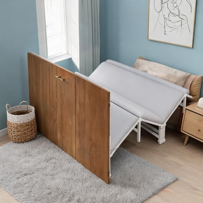 Structure bois et métal pour lit escamotable 140x200 cm matelas lin inclus idéal chambre d’appoint gain de place