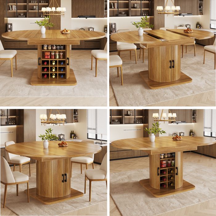 Table à manger extensible - Extensible 118-158 cm - Marron foncé - MDF et métal - Étagères amovibles