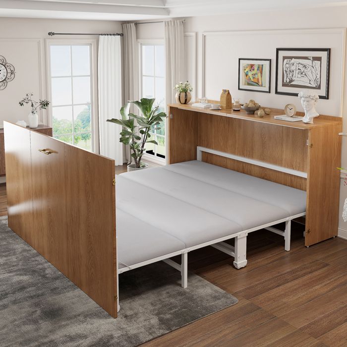 Lit armoire escamotable 140 x 200 cm avec matelas inclus roulettes silencieuses structure métal et bois ORVRYN