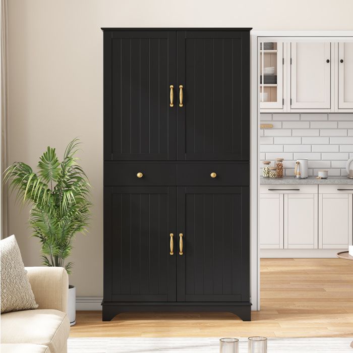 MEUBLIV Buffet haut noir mat 77 x 40 x 181 cm en MDF 4 portes 2 tiroirs étagères réglables