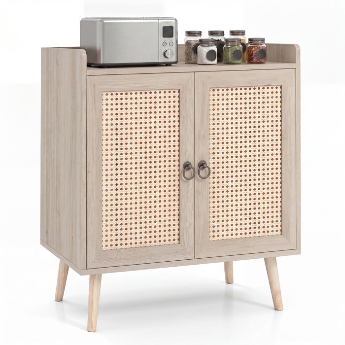 COSTWAY Buffet Cuisine - 2 Portes Bohème Étagère Réglable Pieds en Pin Dispositif Anti-basculement pour Cuisine Salon Naturel