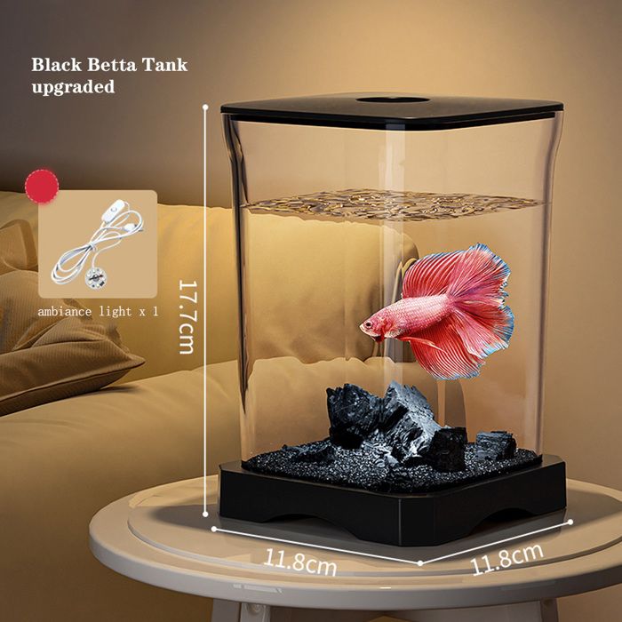 Aquarium Mini de Bureau Rectangulaire Noir 11 8x11 8x17 7 cm avec Lumière Inférieure et Trou dAlimentation pour Combattant