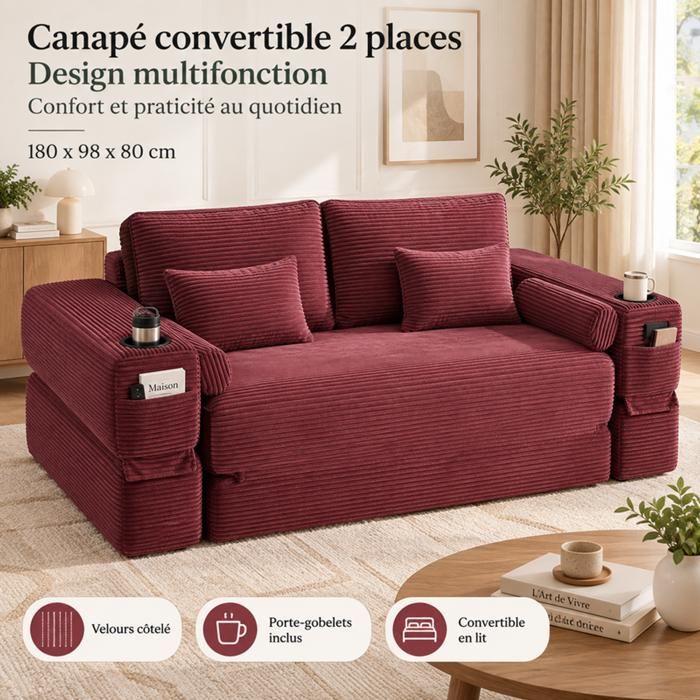 Canapé Convertible 180x98x80cm Velours Côtelé Rouge - Canapé-Lit - Mousse Haute Densité Porte-Gobelets Poches 2 Coussins Inclus