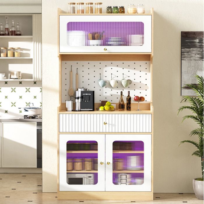 VUENOR Buffet de cuisine haut 80 x 40 x 180 cm naturel et blanc avec LED