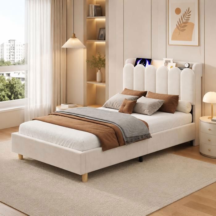 Lit Rembourré 90x200cm Velours Beige Port USB - Lit simple - Tête de lit avec rangement lampe LED sommier inclus et un design chic