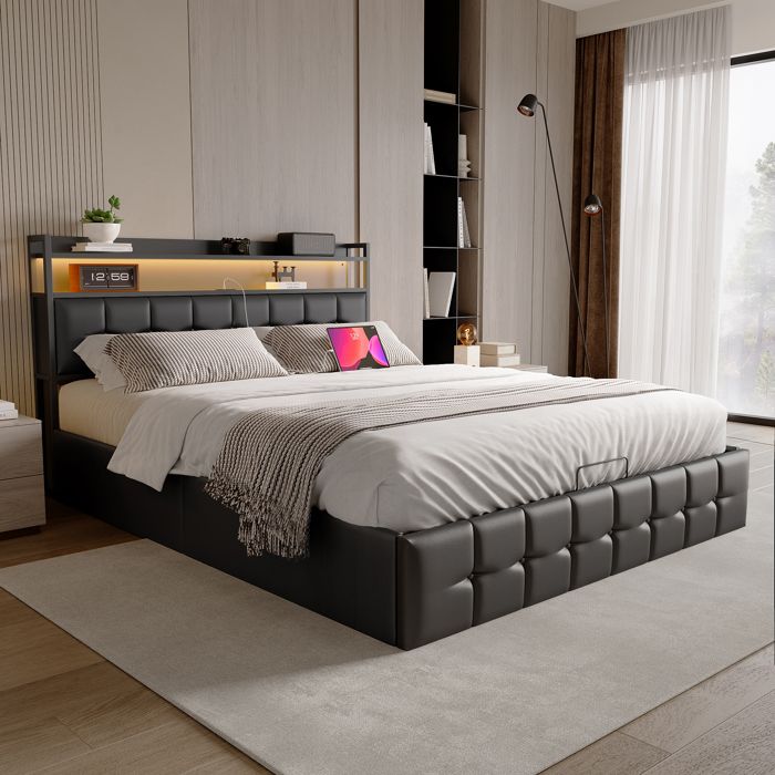 Lit coffre 160x200 cm lit double LED similicuir noir similicuir PU