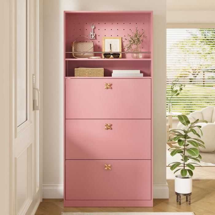 Meuble à Chaussures étroite avec 3 Tiroirs Rabattables et 2 étagères Ouvertes Poignées Dorées Armoire à Chaussures Entrée Rose