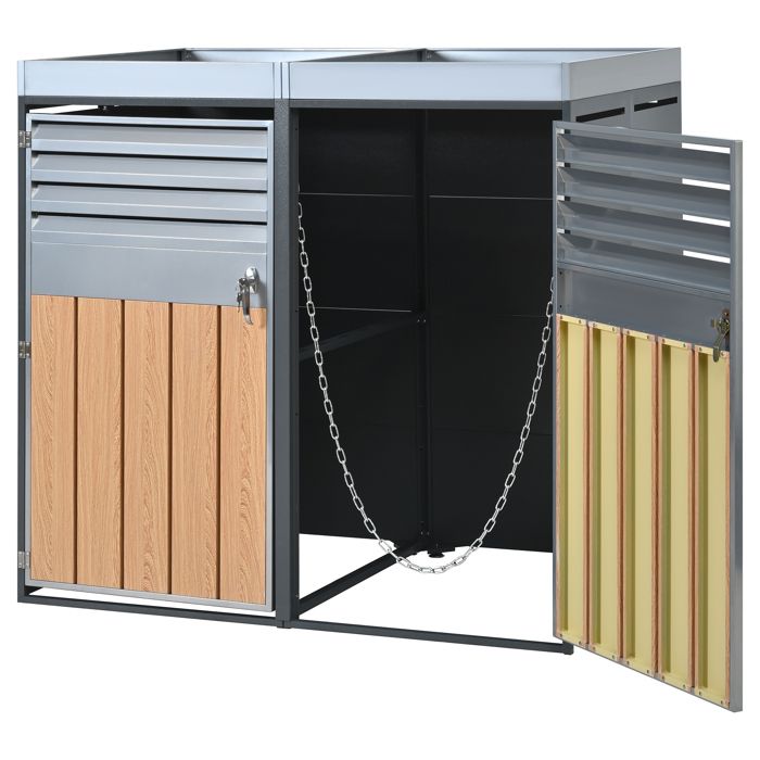 Cache Poubelle Extérieur avec Bac à Fleurs - Abri pour 2 Poubelles - Métal et Bois - Porte Verrouillable - 132x80x124 cm