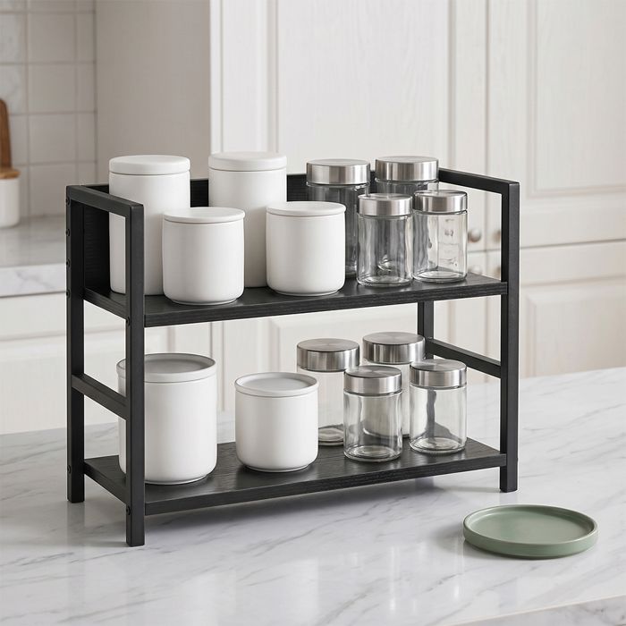 ETAGERE A EPICES - Étagère de rangement de cuisine - Structure robuste en fer forgé et bois massif - 43 x 18 x 30 cm - Noir.