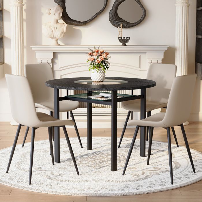 Ensemble de table ronde - FUNMOON - Funmoon - 4 fauteuils - Table 100 cm - Aspect bois noir