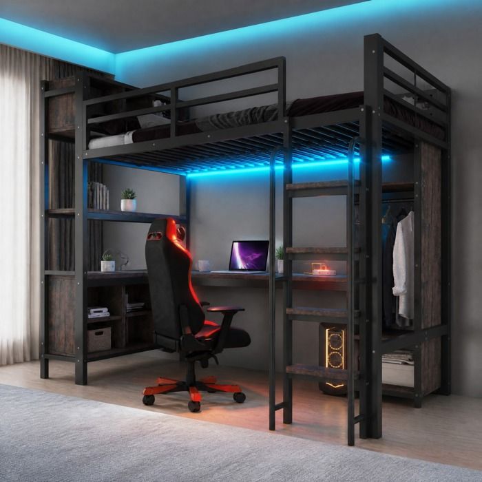Lit mezzanine 90x200 cm avec bureau intégré armoire rangements LED et prises EU noir style industriel JOINERY