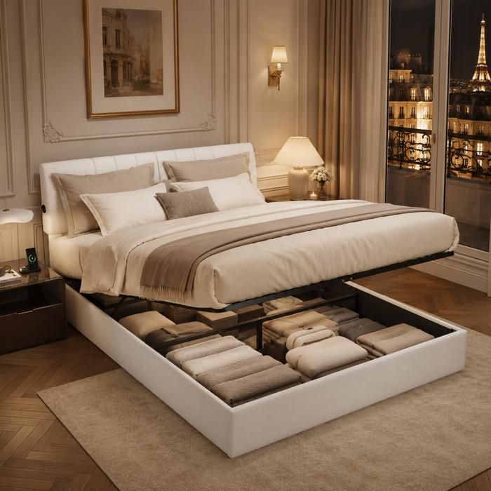 Lits Double 140 x 190 cm avec Ports USBSystème HydrauliqueLit Coffre avec RangementTête de Lit RéglableBlanc-sans Matelas