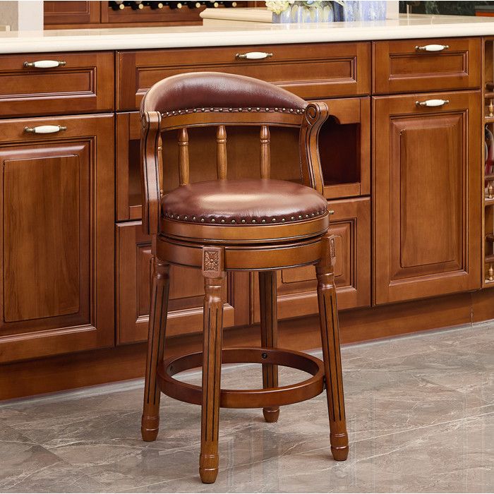 Tabouret de bar chaise de bar pivotante en cuir véritable dossier et accoudoirs bois 26 pouces JOINERY