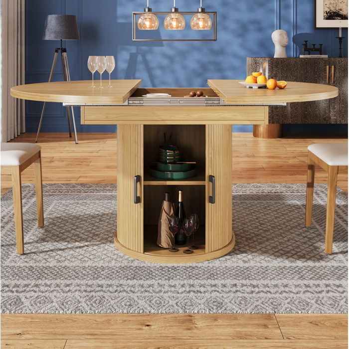 MEUBLIV Table à manger extensible ronde 118 à 158 cm MDF naturel 6 personnes rangement intégré