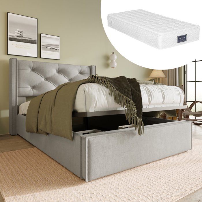 Lit coffre 90x200 avec matelas rembourré gris clair rangement intérieur