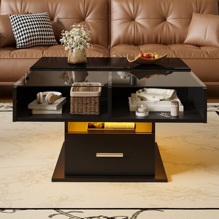 Bladez - Table basse relevable laquée brillante avec 1 tiroir et 2 compartiments de rangement ouverts éclairage LED - Noir