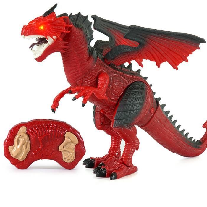 Dinosaure Télécommandé DeAO – Marche, Rugit, Crache De La Fumée Et Secoue La Tête – Avec 3 Mini-Dinosaures – Rouge – Dès 6 Ans