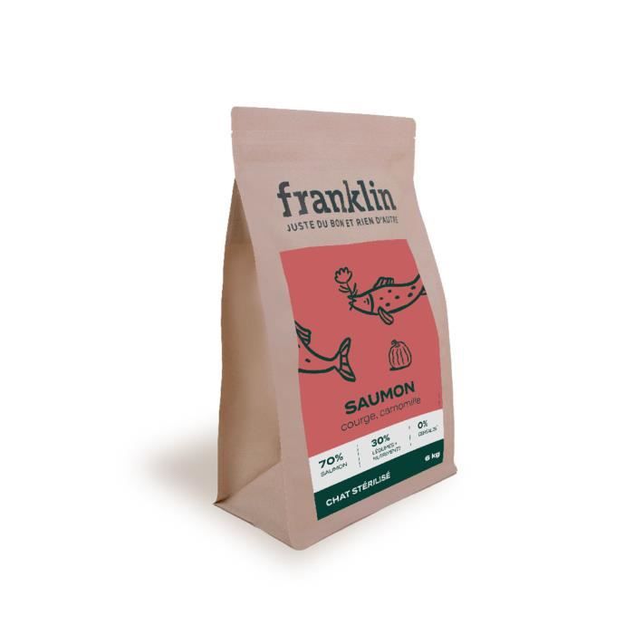 Franklin – Croquettes Chat Stérilisé – 6 kg – Sans Céréales – Hypoallergénique – Brillance du Poil – Saumon, Courge, Camomille