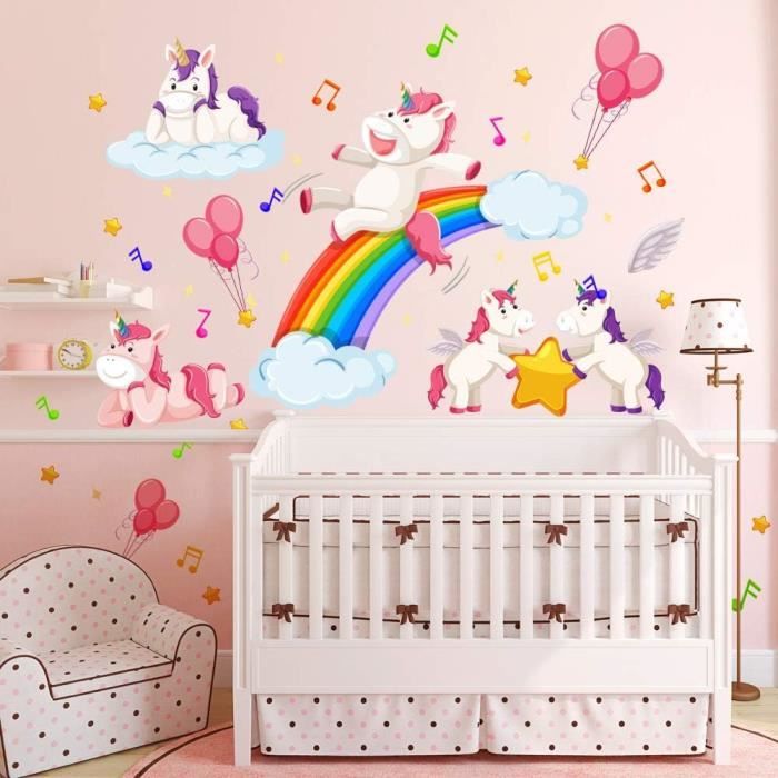Wondever Stickers Muraux Licorne Arc-en-Ciel - Autocollants Chambre Fille Bébé Avec Montgolfière Papillons