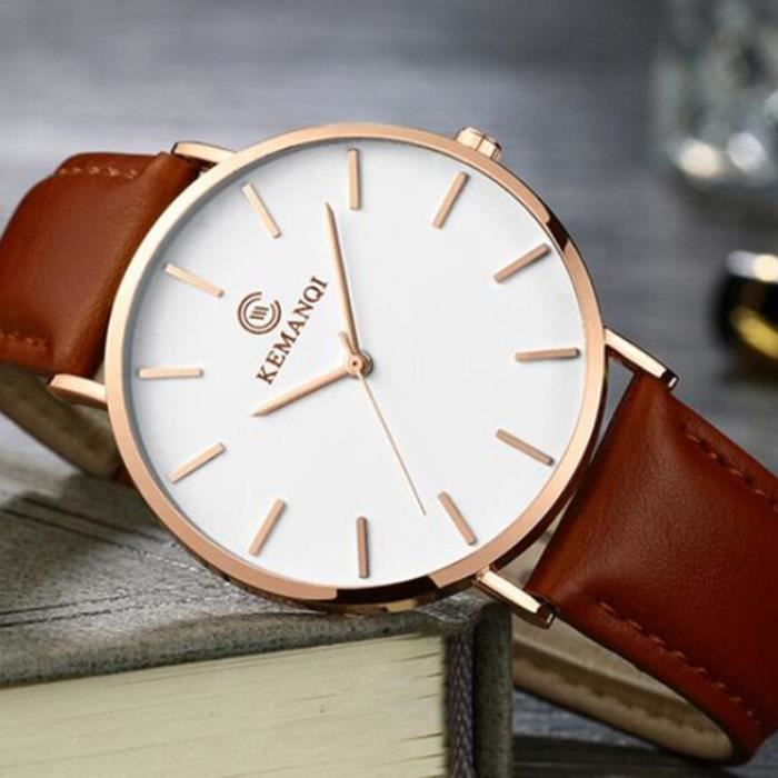 Montre minimaliste en cuir pour hommes Ultra mince Simple la