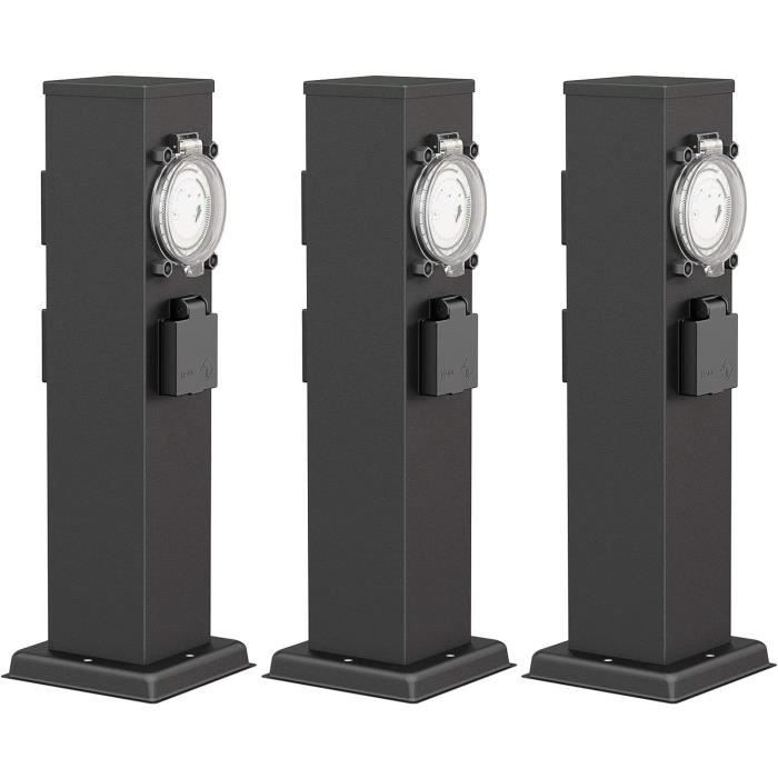 Colonne De Prises Extérieure Polly IP44 - 2 Prises Jardin En Acier Inoxydable, Noir Carré 27cm - Prise Étanche Pour Terrasse Et Pelouse