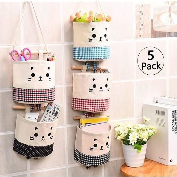 Lot De 3 Sacs De Rangement Suspendus En Coton Et Lin - Paniers Muraux Pour Bureau, Jouets, Maquillage, Etc.