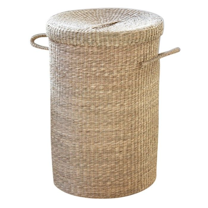 Panier à linge en jonc de mer naturel - Bois clair - 40 cm X 40 cm X 60 cm - CALICOSY