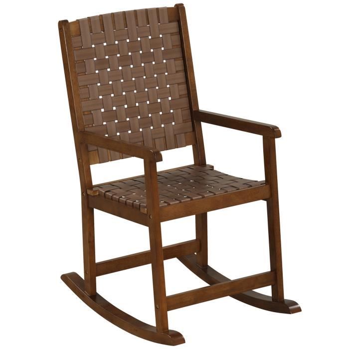 fauteuil à bascule en bois d'hévéa - costway - siège en pu - mouvement de balancement - intérieur et extérieur