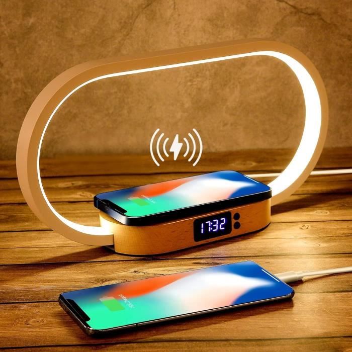 Lampe de Chevet Tactile 3 Intensité avec Chargeur Sans Fil 10W marron