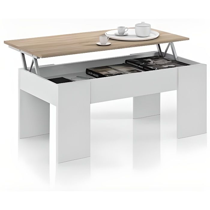 Table Basse CENDA avec Plateau Relevable Style scandinave Couleur Bois et Blanc
