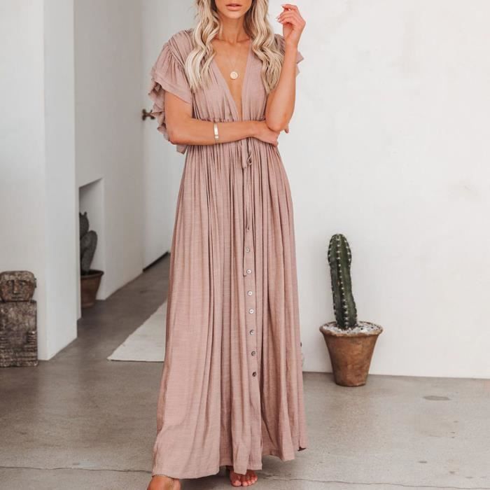 Robe De Plage Femme Longue En Coton Brodé - Caftan été Manches Courtes, Style Bohème - 6
