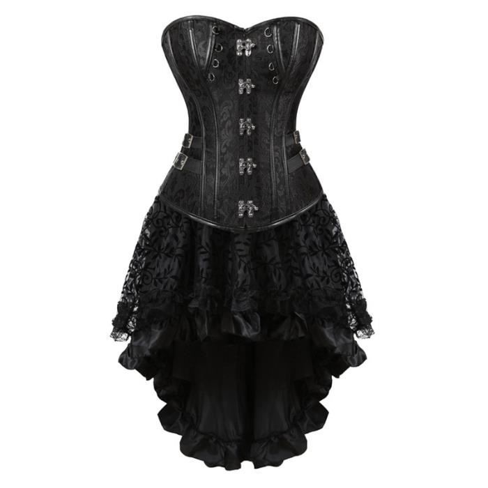 Corset Gothique Avec Jupe Attachée - Style Cuir Et Dentelle - Bustier Ajustable - Lingerie Sexy