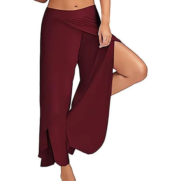 Pantalon de Yoga Femme Jambe Large - Rouge - Respirant - Taille Haute - Fentes Pleine Longueur