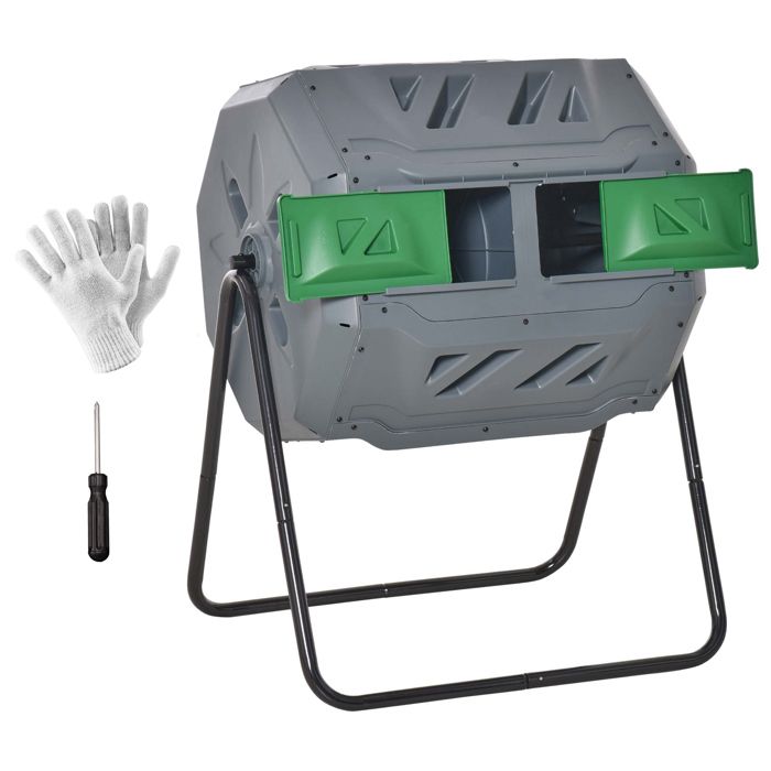 Composteur de jardin - bac à compost pour déchets - rotatif 360° - double chambre 160 L - acier noir PP vert gris 71x64x96cm Gris