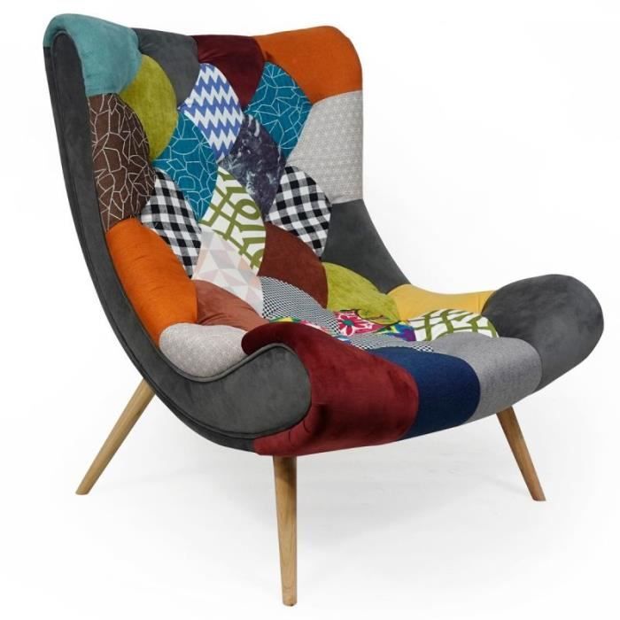 fauteuil scandinave patchwork "roman" 95cm multicolore - paris prix