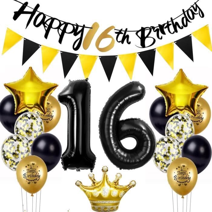 Lot De 47 Ballons Décoratifs Pour 16e Anniversaire Fille – Décoration D' Anniversaire De 16 Ans – Noir Or Rose Happy Birthday Guirlande Bannière Avec Chiffres 16 Ballons En Aluminium En Forme De
