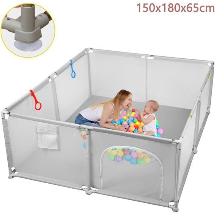 SINBIDE Parc Bébé Enfant - Parc De Jeux Lavable - 150x180x65cm GRIS - Adapté À L'intérieur Et À L'extérieur - Avec 30 Boules